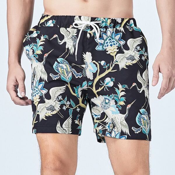 

Men Crane Print Drawstring Sleep Shorts, Multicolor