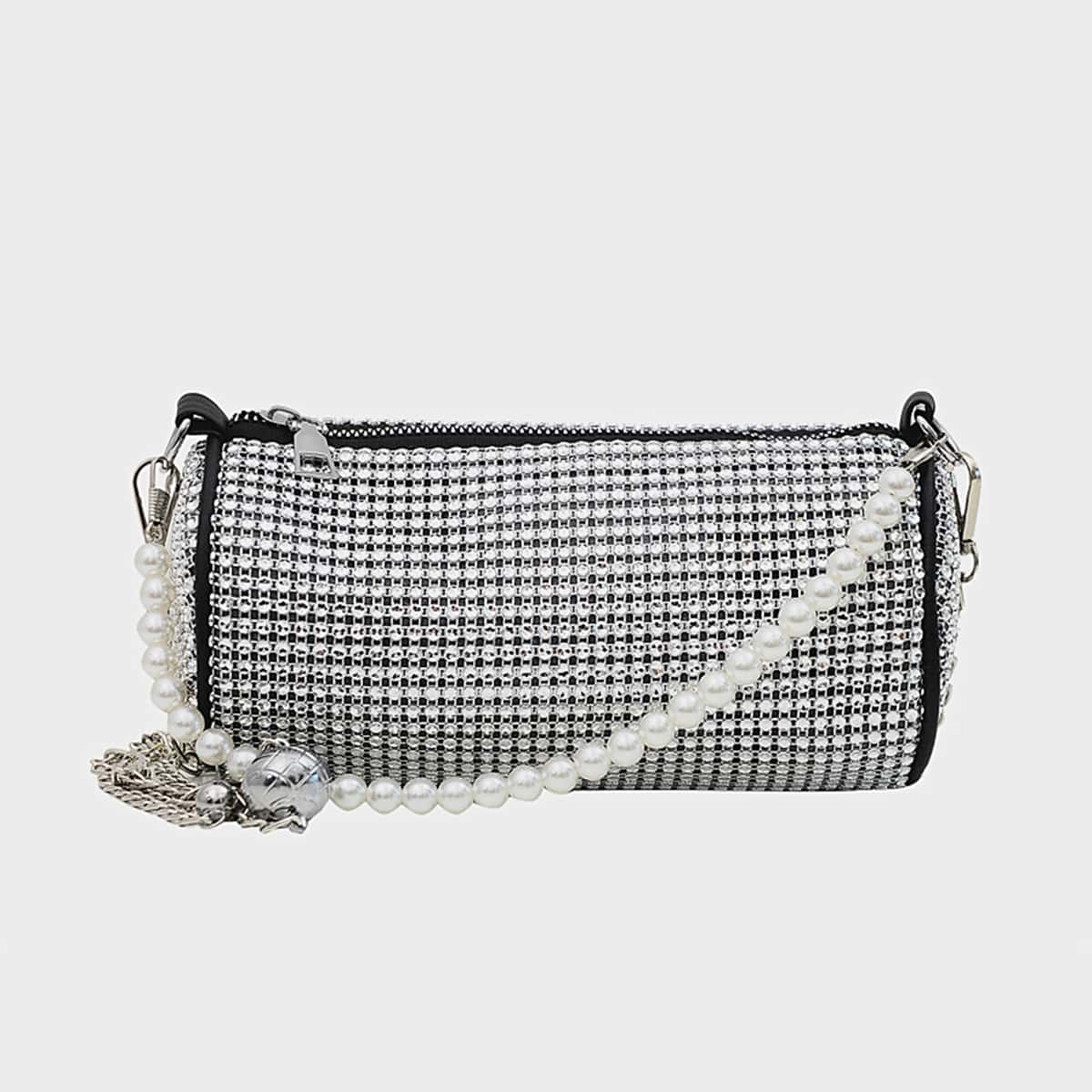 

Faux Pearl Beaded Satchel Bag, Silver