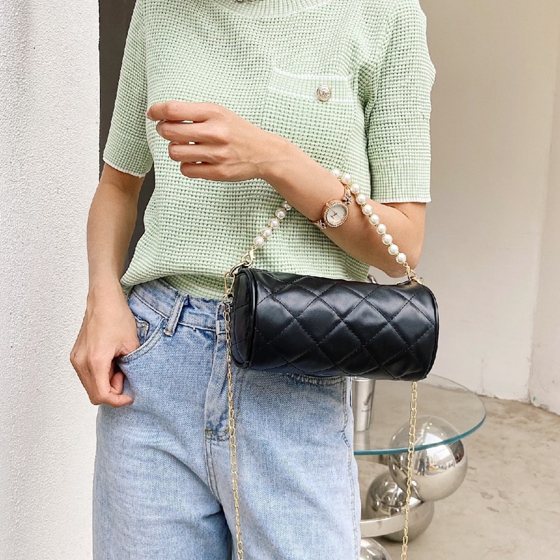 

Quilted Chain Satchel Bag, Black