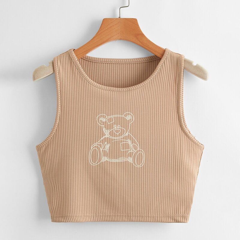 

Cartoon Bear Graphic Ribbed Tank Top, Khaki