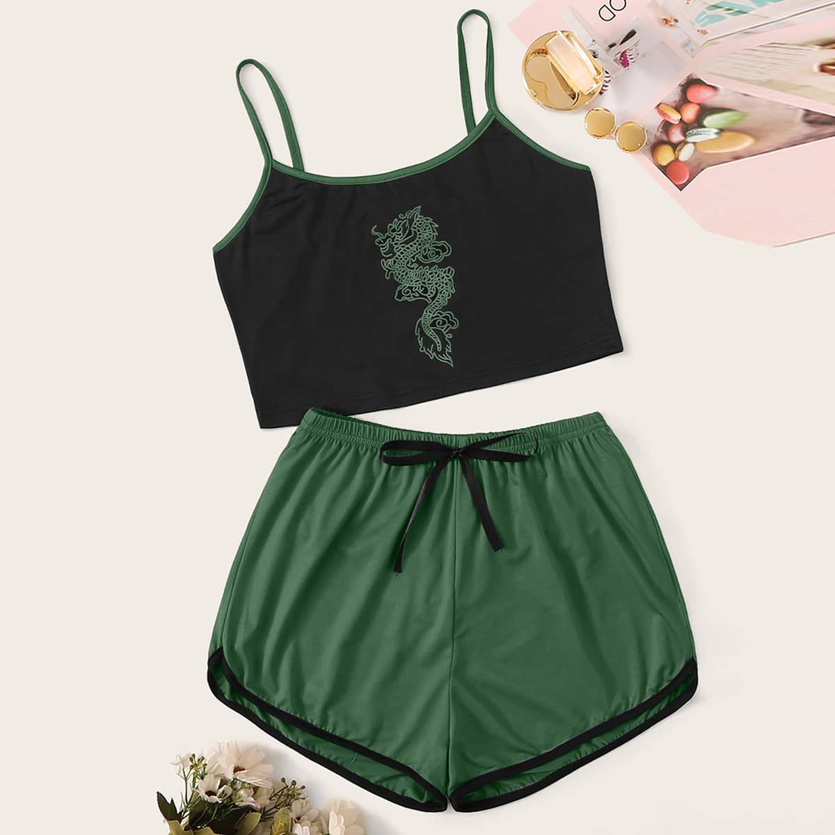 

Chinese Dragon Print Cami Pajama Set, Multicolor