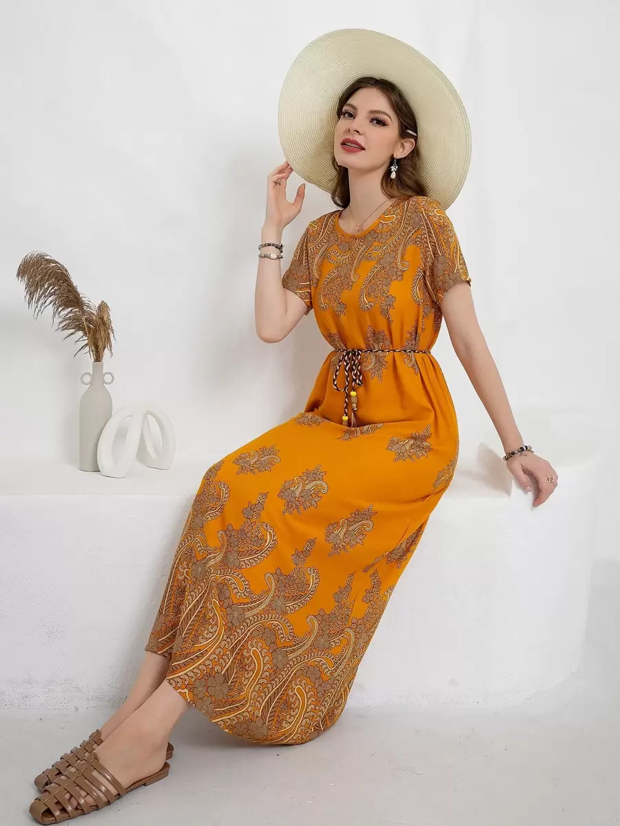 Mulvari Floral Print Belted Dress - Mustard Yellow - View 1