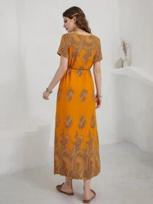 Mulvari Floral Print Belted Dress - Mustard Yellow - View 2