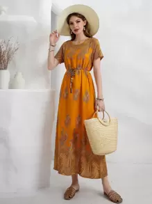 Mulvari Floral Print Belted Dress - Mustard Yellow - View 3