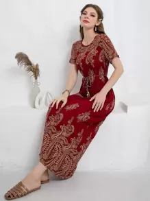 Seusyu 花卉圖案腰帶連衣裙 - 酒紅色 - 查看 1