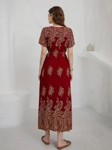 Seusyu 花卉圖案腰帶連衣裙 - 酒紅色 - 查看 2