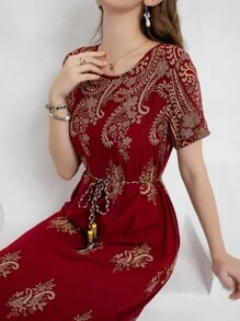 Seusyu 花卉圖案腰帶連衣裙 - 酒紅色 - 查看 4