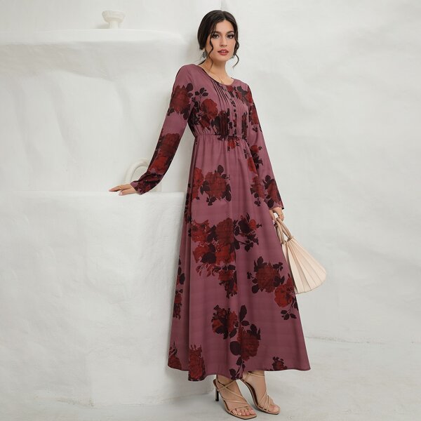 

Floral Print Round Neck A-line Dress, Mauve purple