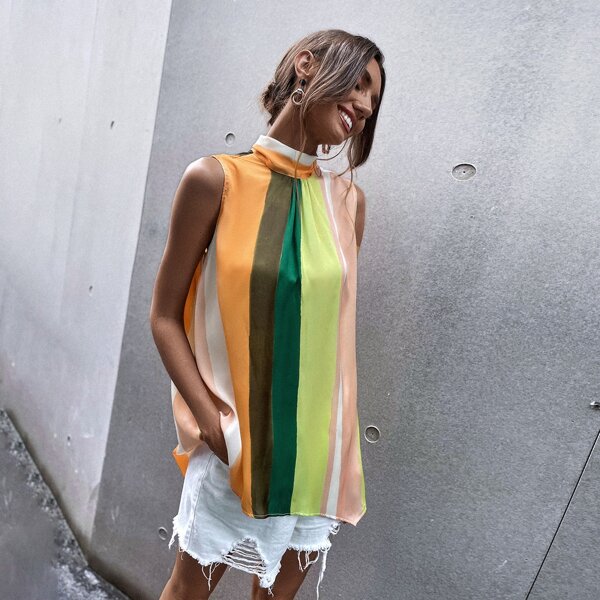 

Tie Back Sleeveless Striped Blouse, Multicolor