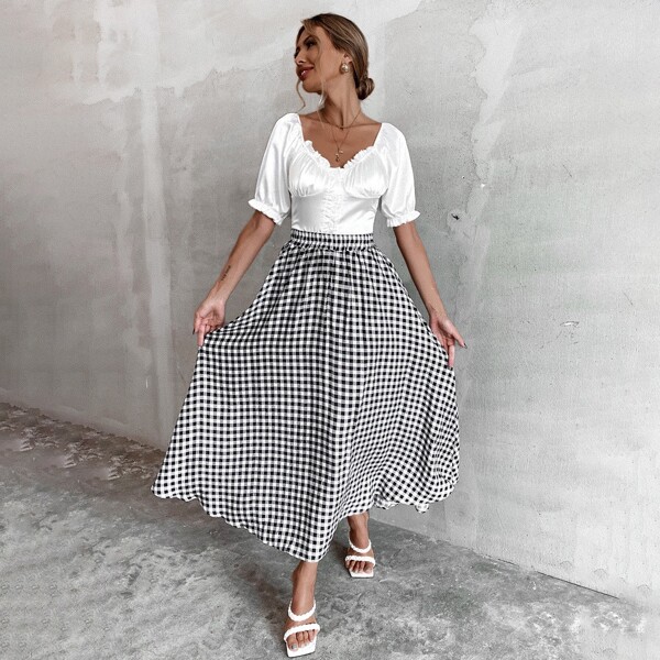 

Gingham Print Elastic Waist Skirt, Black and white