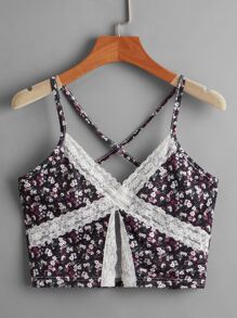 ROMWE Camisola Corta Con Encaje Floral Y Florecitas - Negro - Ver 1