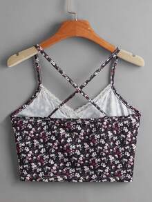 ROMWE Camisola Corta Con Encaje Floral Y Florecitas - Negro - Ver 2