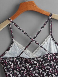 ROMWE Camisola Corta Con Encaje Floral Y Florecitas - Negro - Ver 3