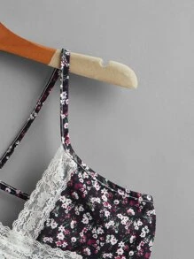 ROMWE Camisola Corta Con Encaje Floral Y Florecitas - Negro - Ver 4