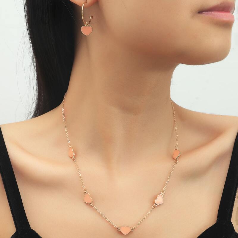 

1pc Heart Chain Necklace & 1pair Heart Earrings, Gold