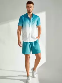 GENTILAND Men Ombre Button Up Shirt & Shorts Set - Blue and White - View 3