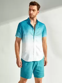 GENTILAND Men Ombre Button Up Shirt & Shorts Set - Blue and White - View 4