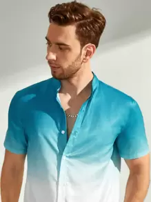 GENTILAND Men Ombre Button Up Shirt & Shorts Set - Blue and White - View 5