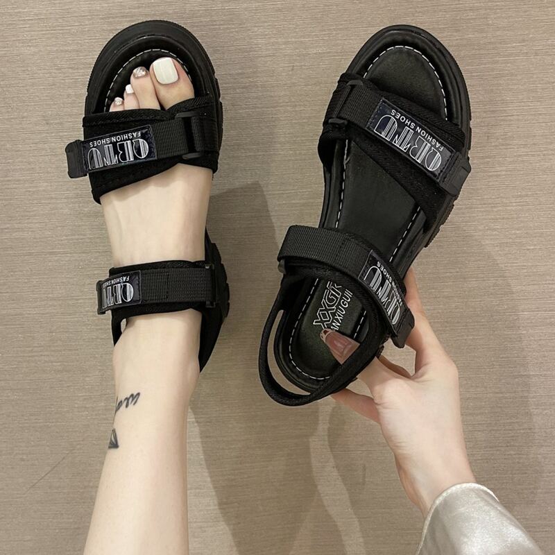 

Double Velcro Strap Open Toe Sandals, Black