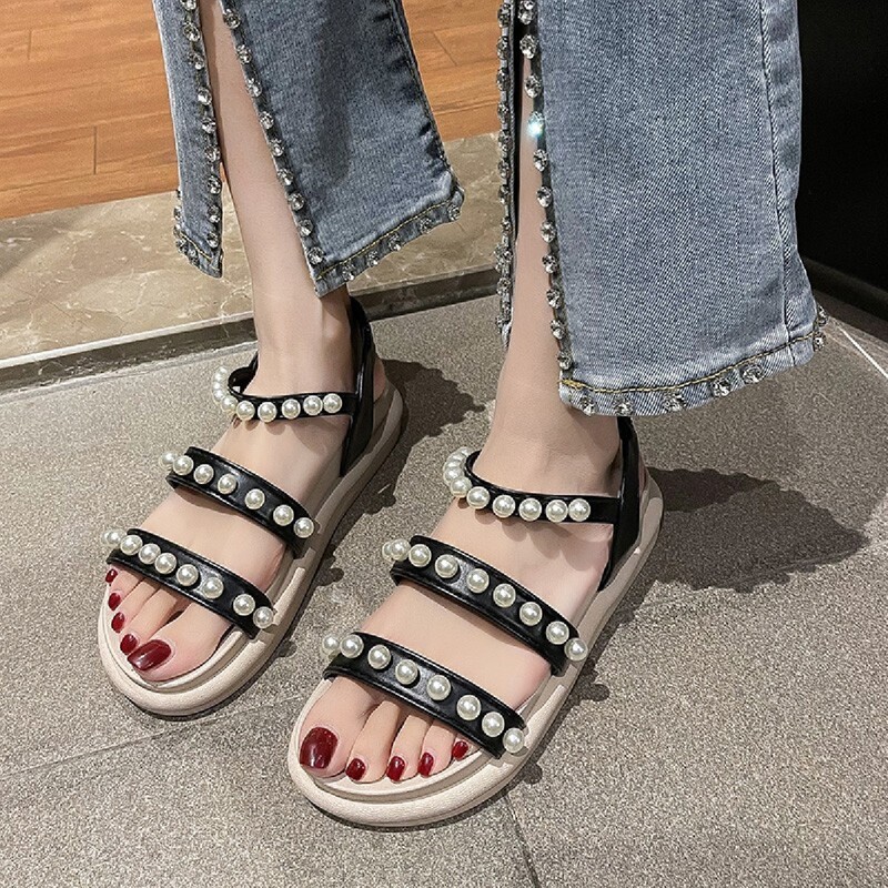 

Faux Pearl Decor Sandals, Black