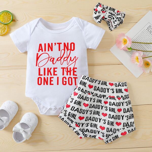 

Baby Girl Slogan Graphic Bodysuit & Shorts & Headband, Black and white