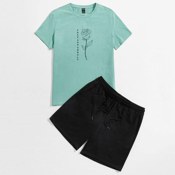 

Men Floral Print Tee & Drawstring Waist Shorts Set, Green