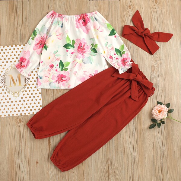 

Toddler Girls Floral Print Blouse & Paper Bag Waist Pants & Headband, Multicolor