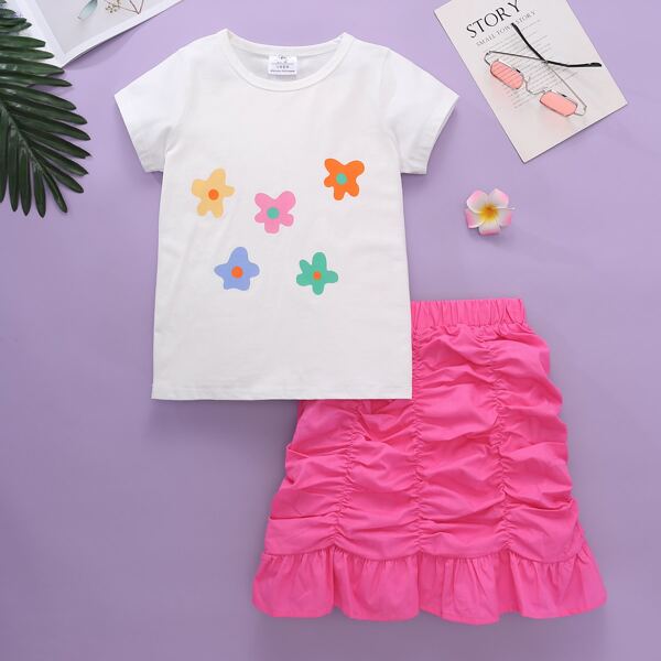 

Toddler Girls Floral Tee With Ruched Ruffle Hem Skirt, Multicolor