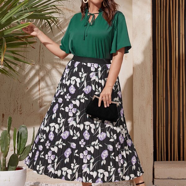 

Plus Tie Neck Top With Floral Skirt, Multicolor