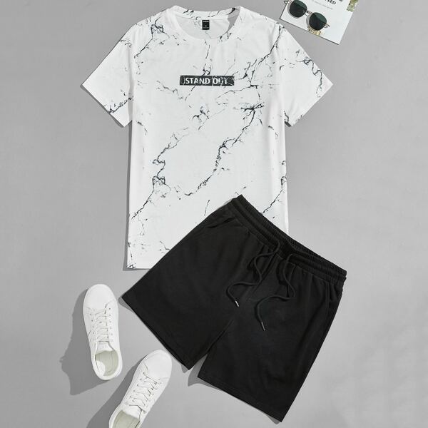 

Men Letter & Marble Graphic Tee & Track Shorts Set, Black and white
