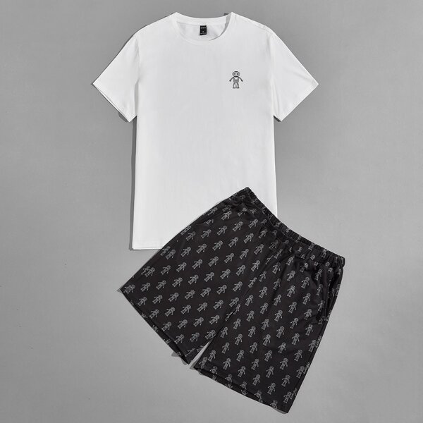 

Men Cartoon Robot Graphic Tee & Shorts Loungewear Set, Black and white