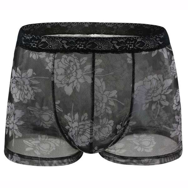 

Men Floral Print Sheer Lace Boxer Brief, Black