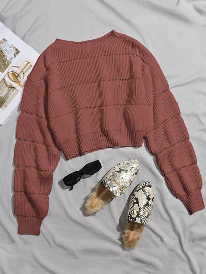 Suéter corto de punto acanalado de unicolor, top de manga larga