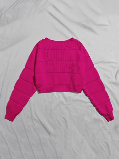 Franclia Maglione corto a costine tinta unita, maglione casual a maniche lunghe con spalle scoperte di colore rosa shocking, adatto per primavera/autunno, vestibilità regular, maglione da donna a maniche lunghe, maglia lavorata a maglia per l'autunno/inverno