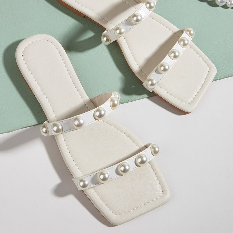 

Faux Pearl Decor Slide Sandals, White