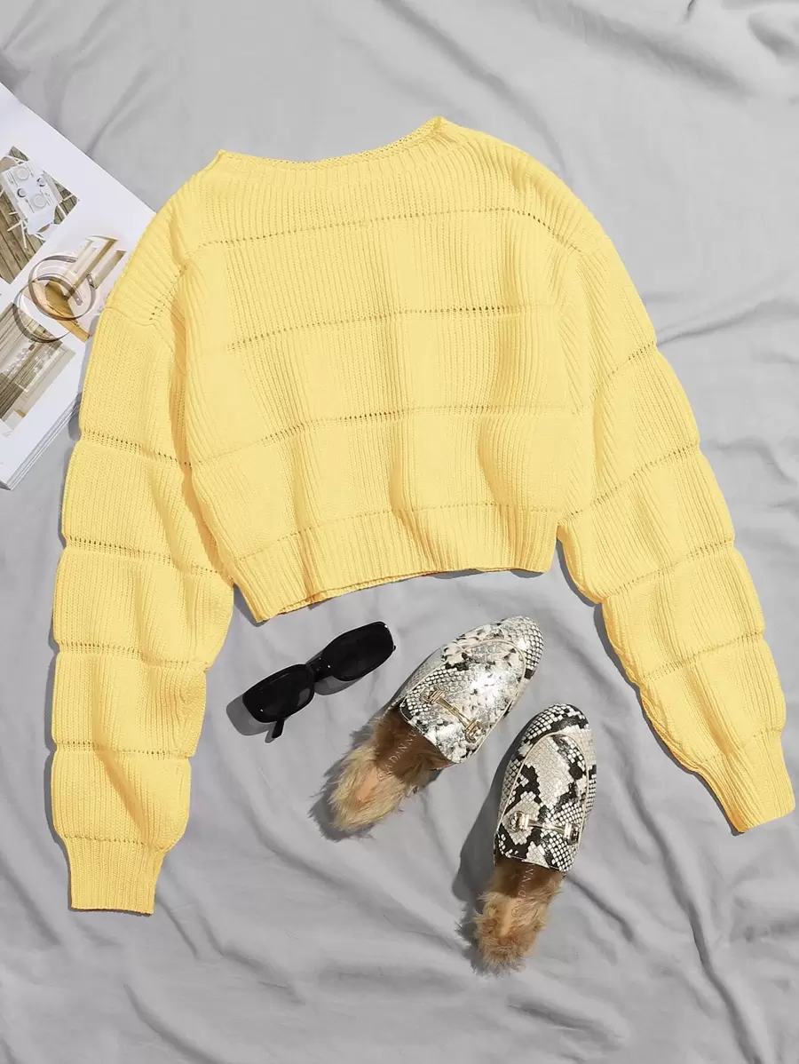 Franclia Ribbed Knit Solid Crop Sweater,Long Sleeve Tops Knit Pullover Fall Winter Outfit - Yellow - View 1