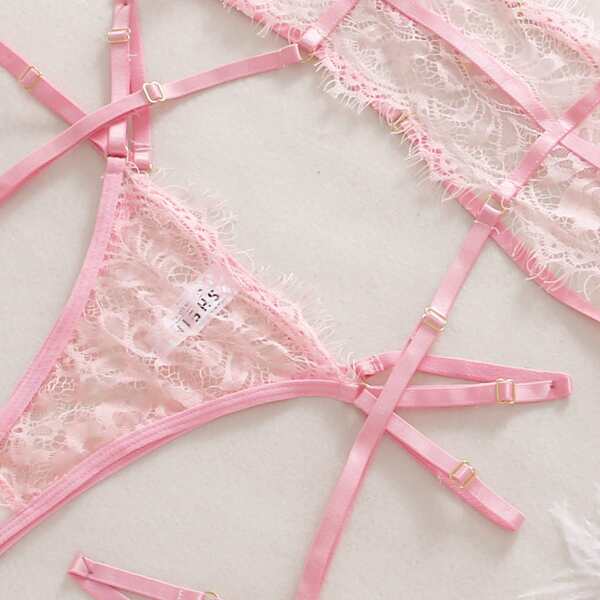 

Floral Lace Garter Thong, Pink