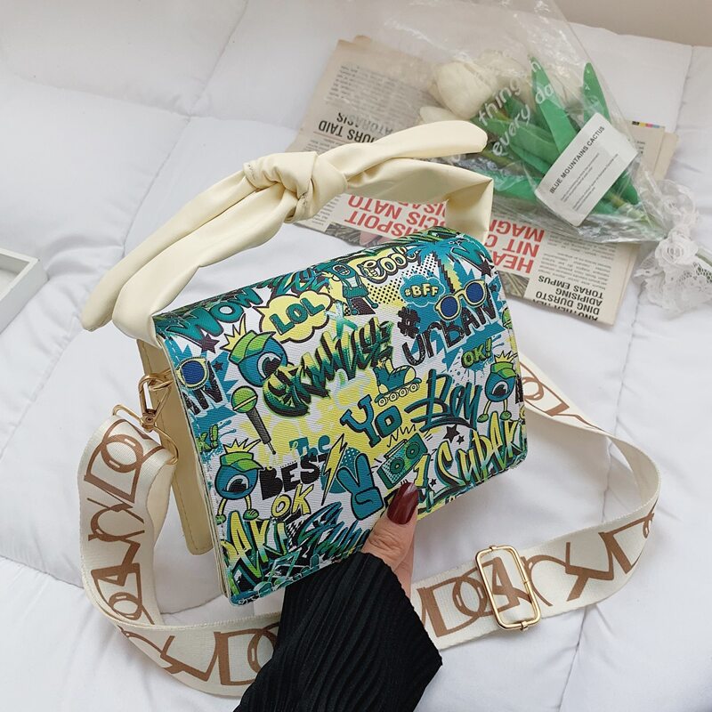 

Cartoon Graphic Satchel Bag, Green