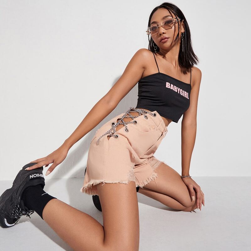 

Chain Lace Up Side Raw Hem Denim Shorts, Baby pink