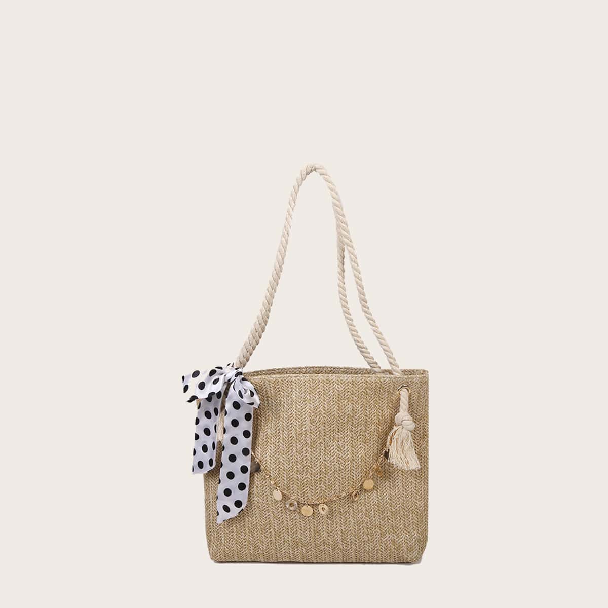 

Bow Decor Straw Tote Bag, Khaki