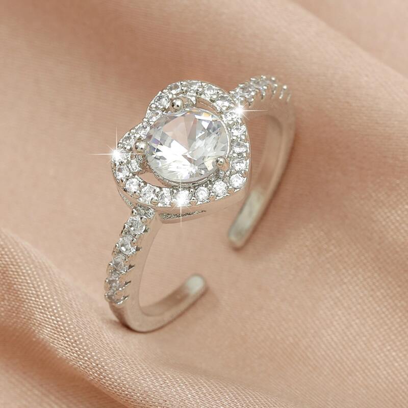 

Rhinestone Heart Cuff Ring, Silver