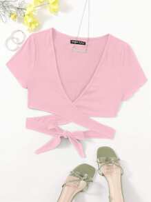 SHEIN Privé Plunge Neck Wrap Cross Tie Back Crop Top - Baby Pink - View 1