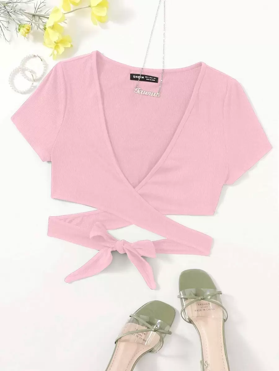 SHEIN Privé Plunge Neck Wrap Cross Tie Back Crop Top - Baby Pink - View 1