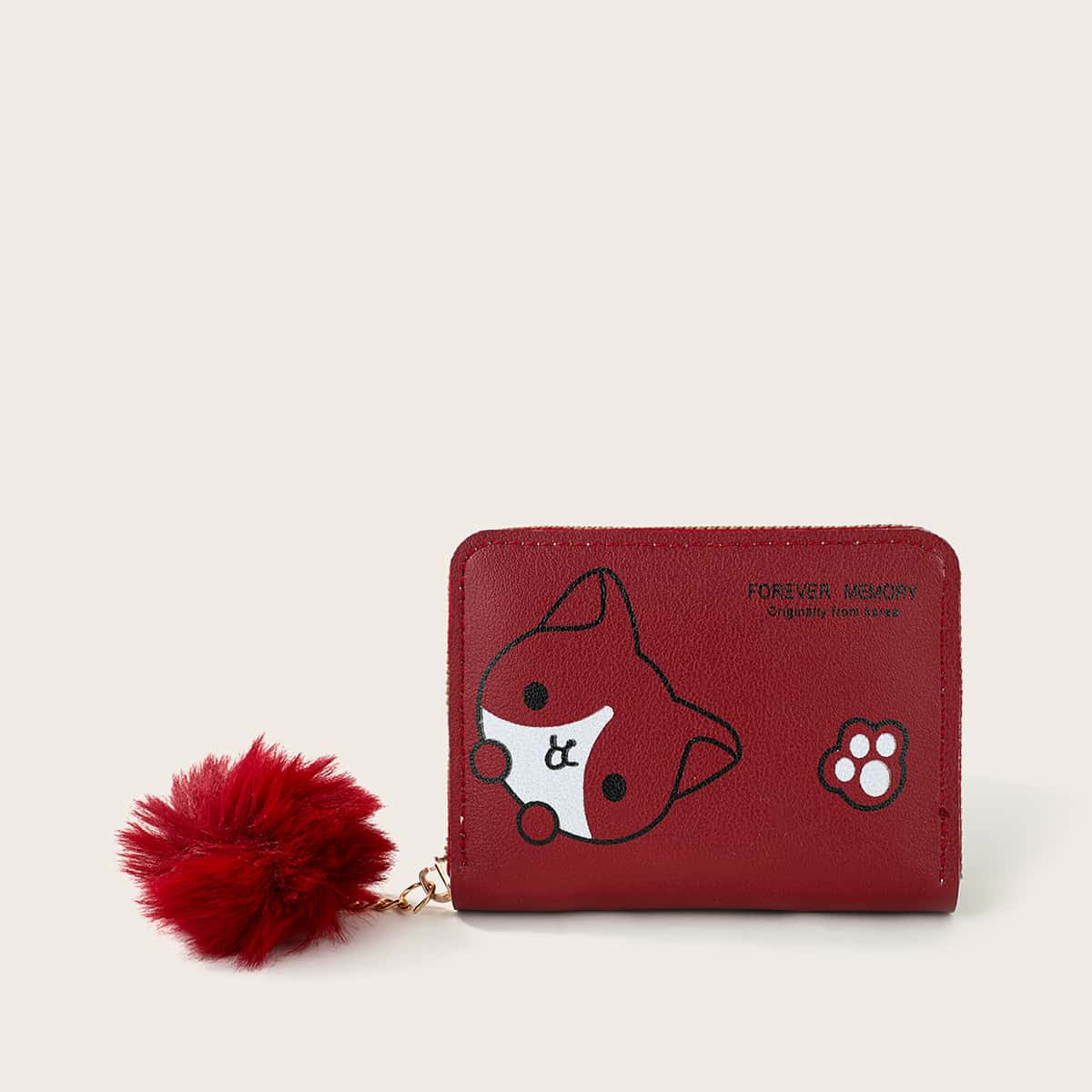 

Pom-pom Charm Cartoon Graphic Small Wallet, Red