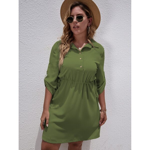 

Plus Roll Sleeve Shirt Dress, Green