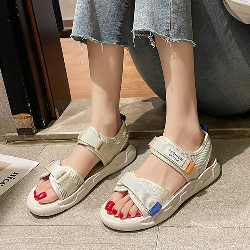 

Double Velcro Strap Open Toe Sandals, Beige