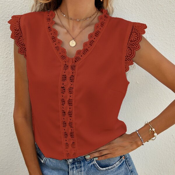 

Contrast Lace V-neck Blouse, Red