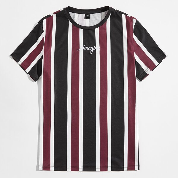 

Men Striped Letter Embroidery Tee, Multicolor