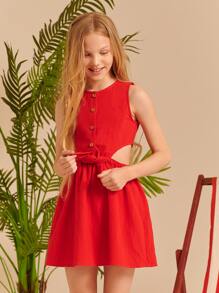 SHEIN 女孩鏤空腰繫帶連衣裙 - 紅色 - 查看 1