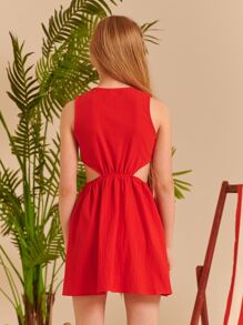 SHEIN 女孩鏤空腰繫帶連衣裙 - 紅色 - 查看 2